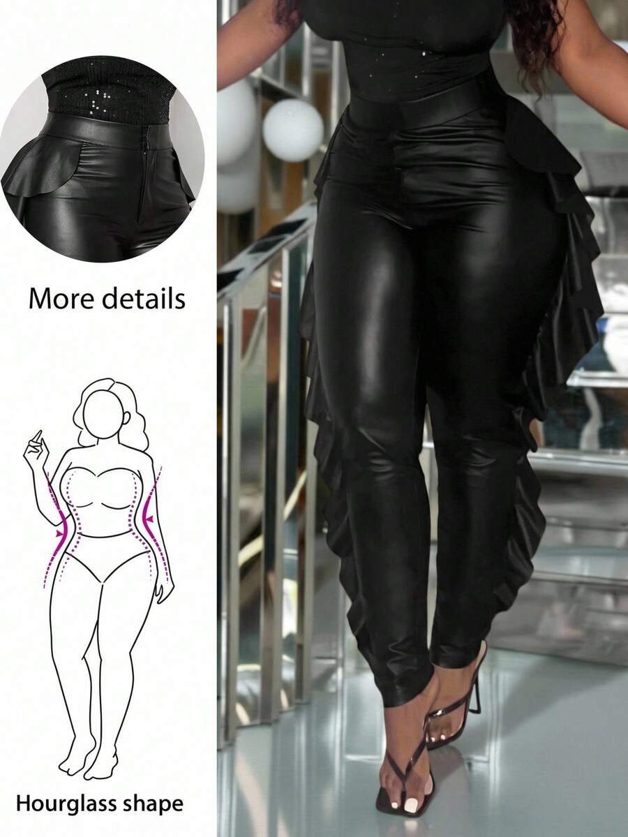 Hourglow Plus Size Elegant High Waist Ruffle Hem Slim Fit Pants, Suitable For Commuting, For Hourglass Body Shape/2026 /New Year - Black - View 1