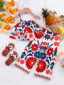 SHEIN Playful Pals 2件組幼女白色花卉印花寬鬆吊帶上衣+長褲可愛夏季度假休閒套裝舒適透氣面料 - 彩色 - 查看 5