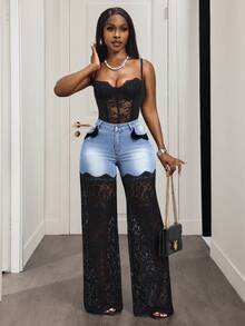 Sunnyshic Jeans de talla grande con parches de encaje de color contrastante - Lavado ligero - Ver 6