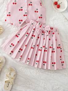 SHEIN Elladie kids 2件組少女復古蝴蝶結西裝背心外套與百褶裙套裝，設計感通勤休閒優雅穿搭 - 粉色 - 查看 5