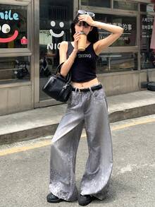 DAZY Women's Loose Casual Wide Leg Leopard Print Korean Style Denim Jeans Cute Tops - Grey - View 6