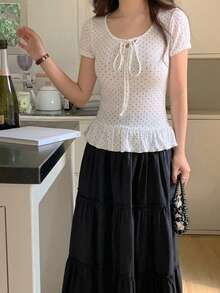 DAZY 女款圓領波點領結短袖T恤 - 白色 - 查看 4