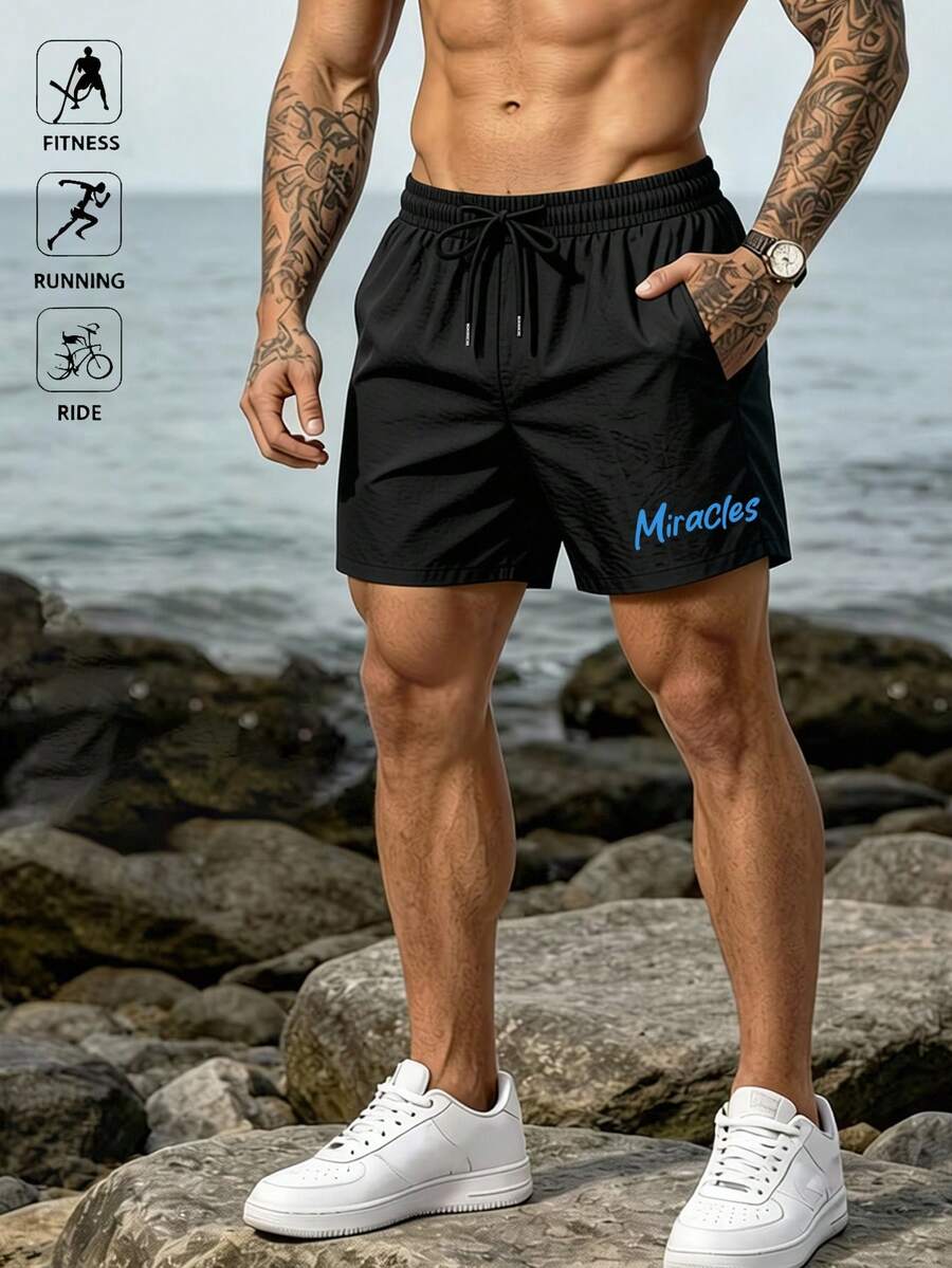 Ironwick 男士休閒字母印花抽繩腰運動短褲,夏季,健身房,度假 - 黑色 - 查看 1