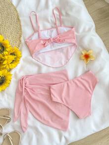 Tween Girl Floral Print Bikini 3 Pieces Sets, Suitable For Beach, Hawaii, Vacation Oranges Light Pink Summer Cute - Pink - View 2