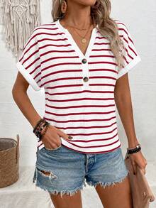 EMERY ROSE Camiseta de manga corta casual versátil para uso diario y viajes con diseño de bloques de color a rayas para mujer - Multicolor - Ver 3