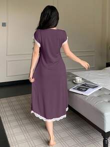 SHEIN 女款深V領蝴蝶結睡袍 - 紫色 - 查看 2