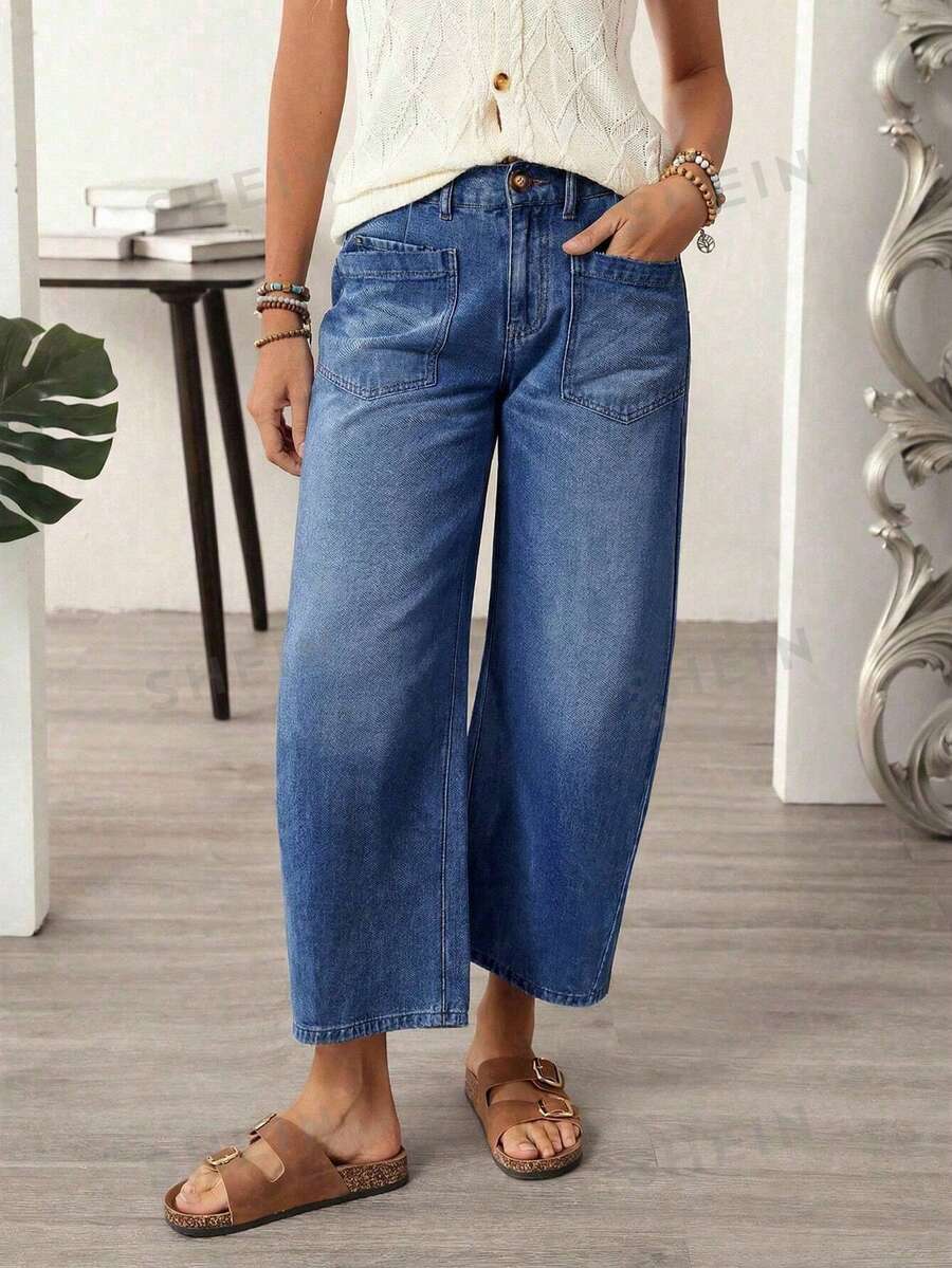 EMERY ROSE Plus Size Casual Everyday Washed Pocket Straight Leg Jeans - Blue - View 1