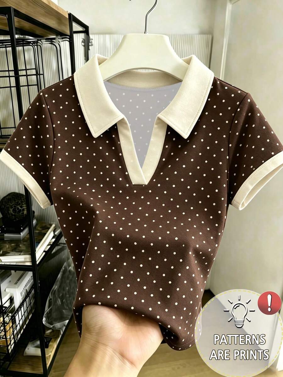 Resyla 女士优雅波点印花撞色 Polo 领无袖背心,修身针织马甲,适合夏季休闲、办公及日常穿着,是送给她的完美礼物。 - 彩色 - 查看 1