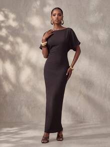 Zivah Summer Music Festival Easter Mother's Day Cinched Waist Women's Modern Commute Vacation Casual Elegant Batwing Sleeve Long Dress Brunch Dark Brown - Cosmic Dust Red - View 5