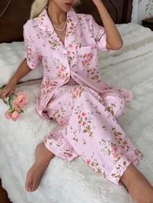 CottageSlumber Floral Print Lapel Short Sleeve Long Pants Pajama Set - Baby Pink - View 4