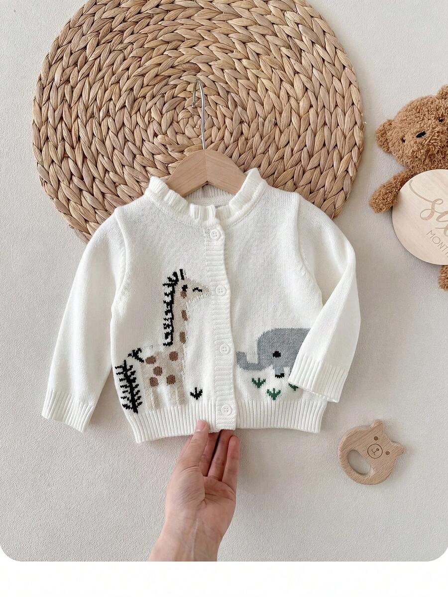 SHEIN Cardigan Rajut Lengan Panjang Berkerah Tunggal Motif Jerapah Kartun Bunga, Bordir Dunia Hewan, dan Hiasan Ruffle untuk Bayi Perempuan Baru Lahir, Cocok untuk Musim Gugur/Dingin - Putih - View 1