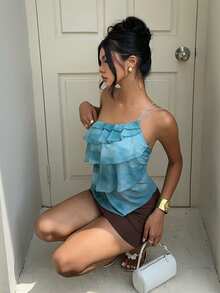 Aloruh Spring/Summer New Elegant Rave Date Night Valentine's Day Wedding Season Aqua Blue Chiffon One-Shoulder Backless Multi-Layer Ruffle Top - Multicolor - View 6