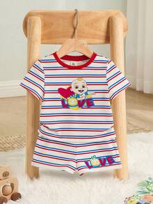 CoComelon X SHEIN Baby Jungen Cartoon & Gestreift Muster Rundhals Kurzarm T-Shirt und Shorts 2 Stücke Set - Verschiedenfarbig - Übersicht 1