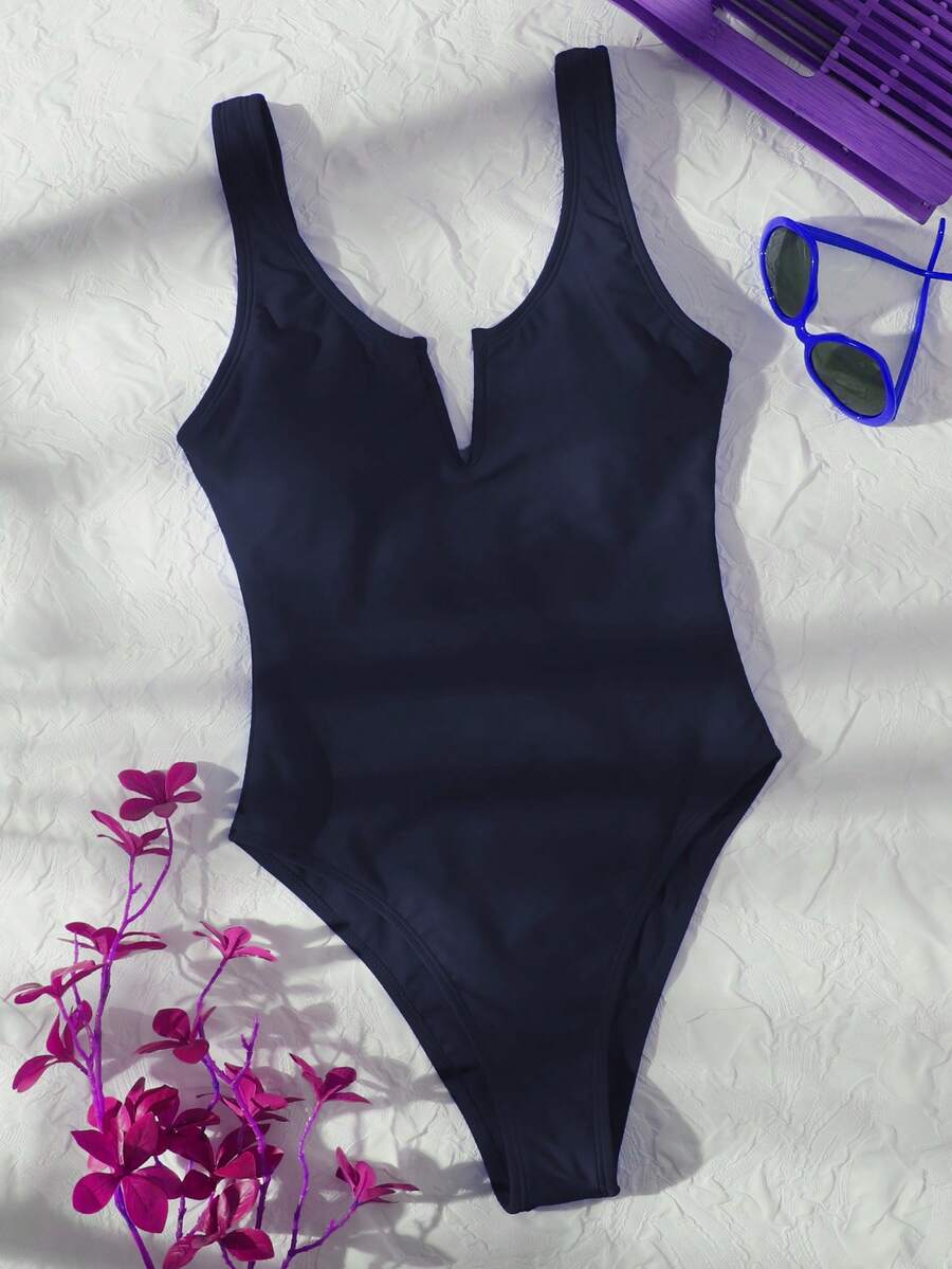 SHEIN Swim 女款素色連身泳衣,適合海灘度假、泳池派對、海灘派對 - 藏蓝色 - 查看 1