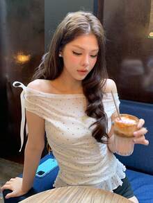 DAZY Women's Polka Dot Print Off-Shoulder Fashion Pleated T-Shirt - White - View 4