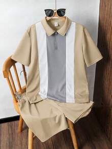 SHEIN 2pcs/Set Teen Boy Casual Collegiate Color Block Polo Shirt & Shorts Set, Suitable For Commuting. - Khaki - View 4