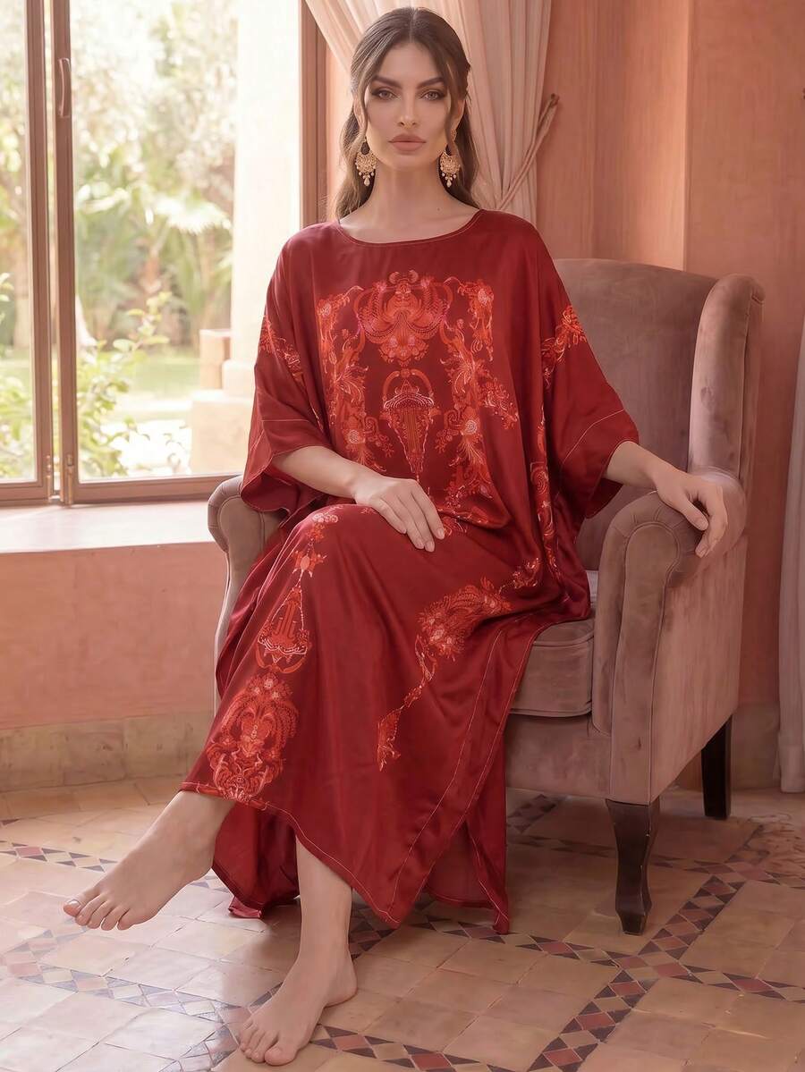 Jahmira 奢華紅色巴洛克印花長款罩衫，蝙蝠袖寬鬆伊斯蘭長袍，女款居家休閒洋裝 - 酒紅色 - 查看 1