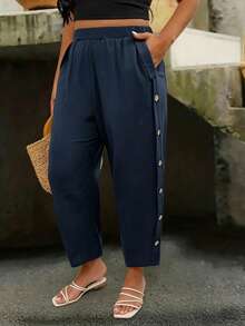 Linhara CURVE Plus Size Casual Fashion Linen Style Side Seam Coconut Button Decor Long Pants Fall - Navy Blue - View 4