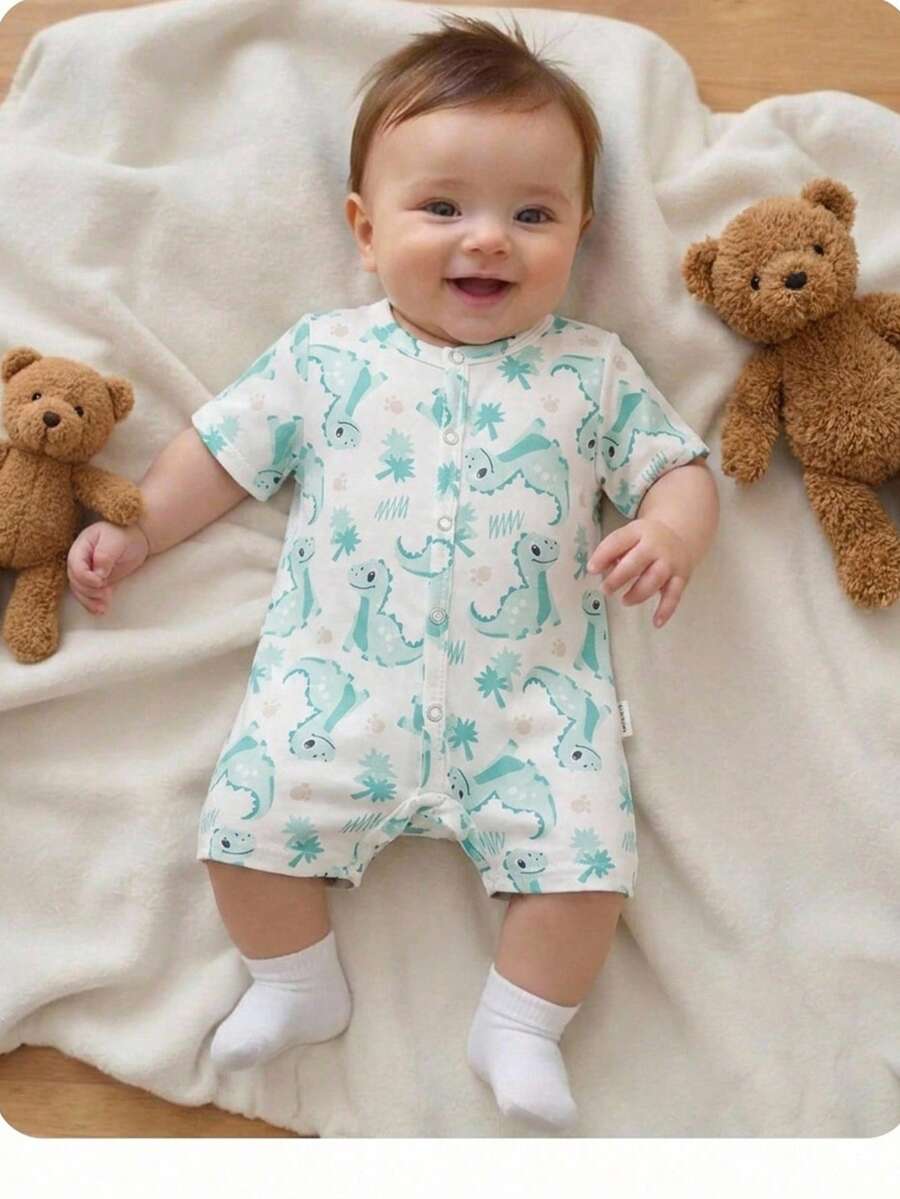 Baby Boy Casual Cute Knitted Cartoon Pattern Short Sleeve Romper - Cadet Blue - View 1