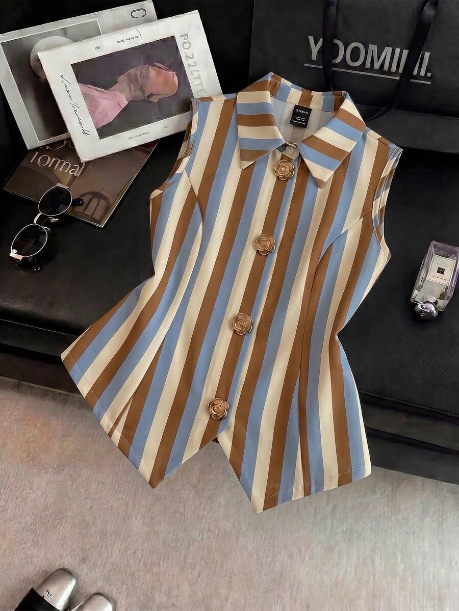 SHEIN 純白色無袖背心,垂墜面料修身剪裁,A字不對稱下擺配玫瑰金鈕扣裝飾,打造優雅通勤與都市洗鍊風格 - 彩色 - 查看 1