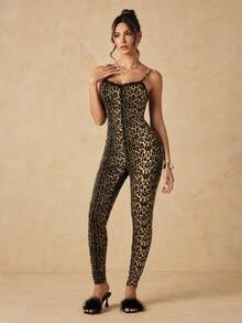 HautHeat Women's Leopard Print Lace Strappy Sexy Lingerie Jumpsuit - Coffee Brown - View 4