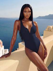 SHEIN Swim 女款素色連身泳衣，適合海灘度假、泳池派對、海灘派對 - 藏蓝色 - 查看 4