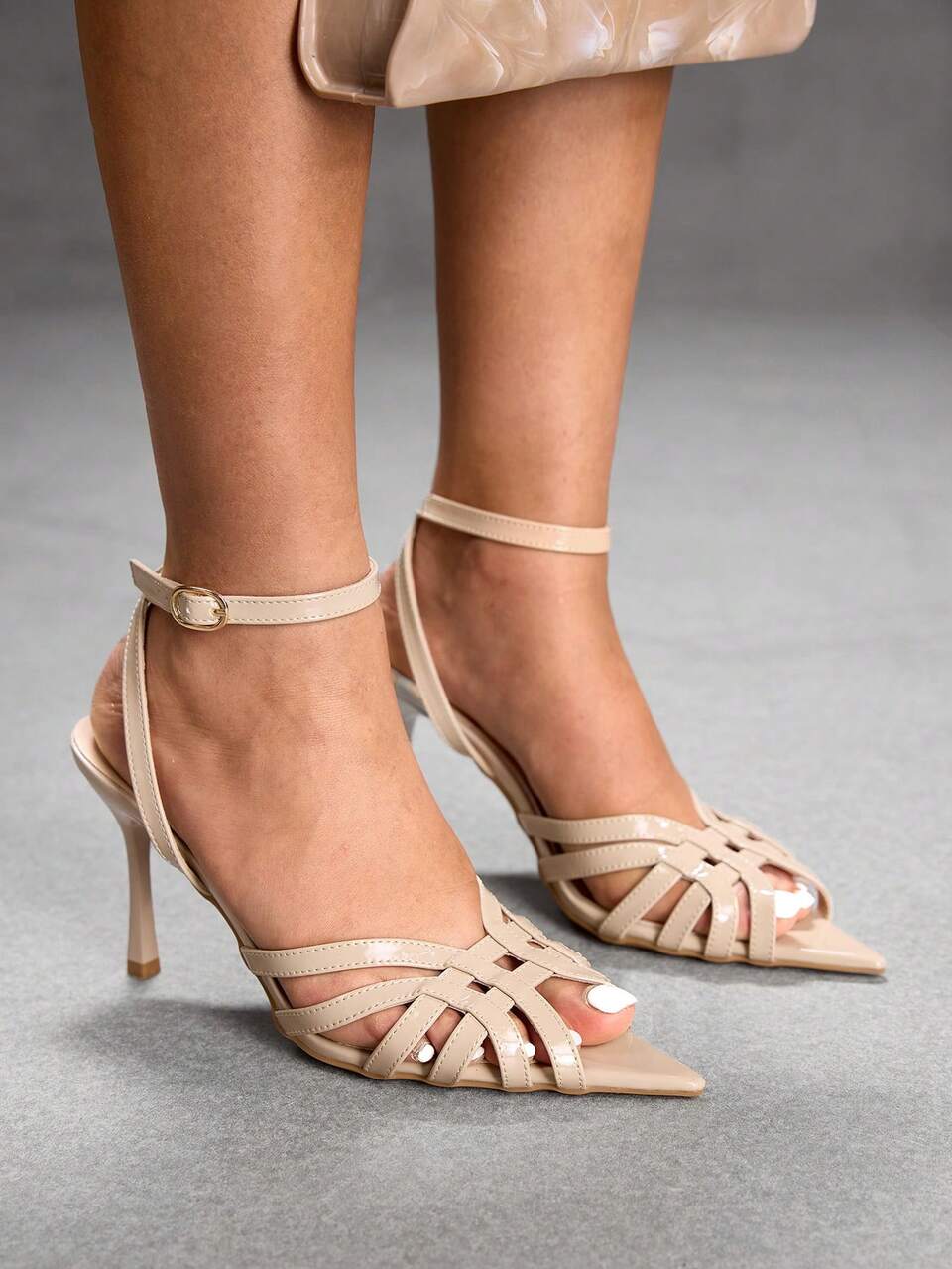 CUCCOO SZL Women's Fashion Pointed Open Toe Patent Leather PU Metal Evening Wear Party Style Slip-On With High Heels Sandals Summer Shoes