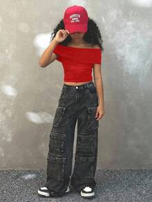 Coolane Kids Tween Girls Summer/Winter/Spring Solid Color Off Shoulder Form-Fitting Cropped Red Top T-Shirt,New Year ,Party, Red Crop Top, Off The Shoulder T Shirt - Red - View 3