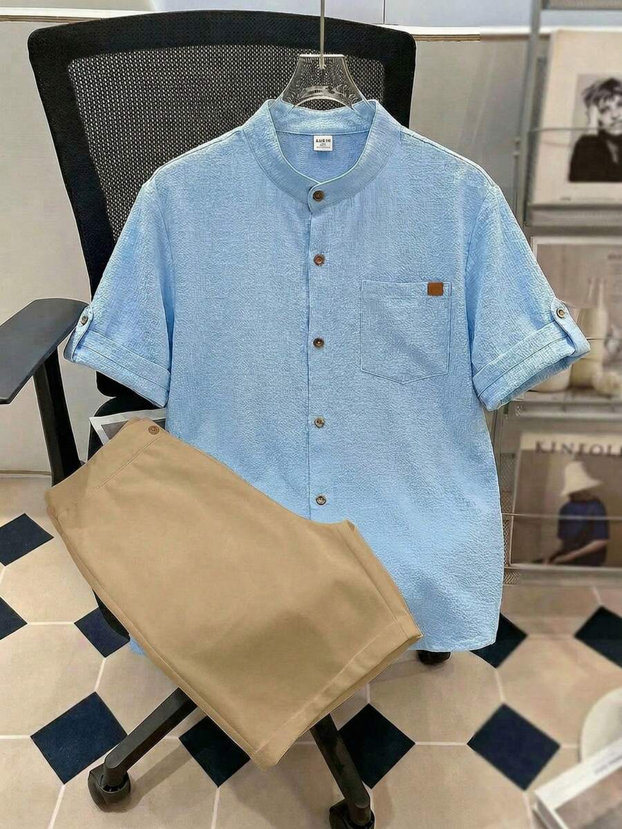 SHEIN 青少年男童休閒舒適紋理波浪條紋短袖上衣與短褲套裝 春夏 - 藍色 - 查看 1