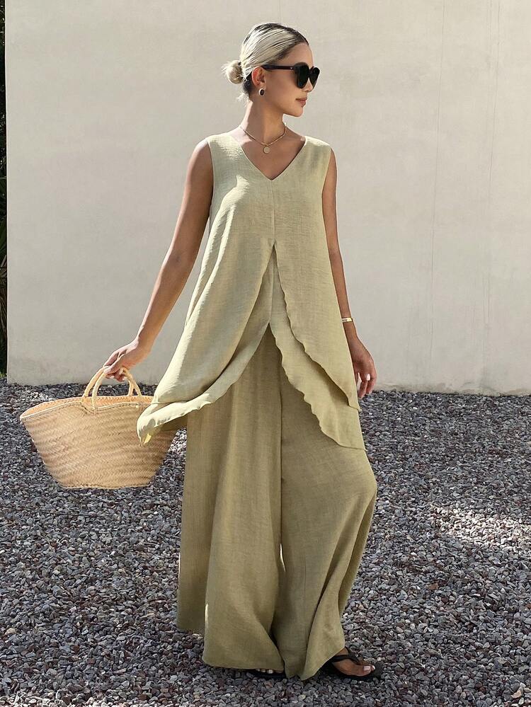 Women's V-Neck Sleeveless Tank Top And Loose Long Pants Vacation Style 2 Pieces Set