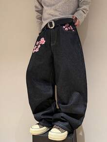 STEELVANCE Street Style Retro Fashion Versatile Embroidered Design Loose Straight Leg Wide Leg Casual Denim Plus Size Long Pants (Belt And Accessories Not Included) - Black - View 3