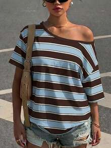 Muchica Casual Minimalist All-Over Print Off-Shoulder Dropped Shoulder Short Sleeve Loose Women's T-Shirt Suitable For Summer - Multicolor - View 6