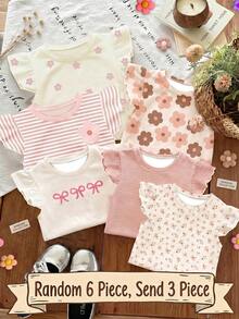 3件/組少女馬卡龍波希米亞花卉、粉色條紋、3D蝴蝶結圖案T恤上衣、藍色蝴蝶、夏季、學校、返校裝扮、荷葉袖套裝 - 彩色 - 查看 3