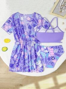 SHEIN Tween Girls 3pcs Bikini Set, Cute Purple Tropical Floral Knit Fabric Two-Piece Swimsuit With Back Cross Strap Design, Triangle Bottoms And Sun Protection Cover-Up, Fashionable Elegant Lady Style For Swimming, Summer Vacation, Beach, Pool, Summer Holiday Party - Purple - View 2