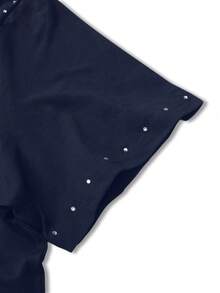 ROMWE MEN Goth Men's Streetwear American Style Cross Rhinestone Hem Distressed Short Sleeve T-Shirt - Navy Blue - View 6