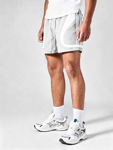 SUMWON Graphic Print Drawstring Shorts With Side Stripe Detail And Curved Hem Casual Summer Style - Light Grey - View 5