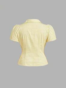 SHEIN MOD Plus Size Women's Short Sleeve Yellow Plaid Shirt, Summer,Festival ,Going Out,Work Outfits,Tummy Control,Check Shirt - Yellow - View 2