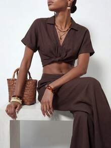 Zivah Women's Vacation Casual Solid Color Twist Front Cropped Top And Long Pants 2pcs Set Beach Coffee Brown Summer - Rust Brown - View 8