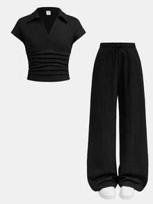 SHEIN Tween Girl New Autumn Back To School Season 2pcs Set Solid Black Textured Knit Side Ruched Lapel Fitted Short Sleeve T-Shirt Wide Leg Long Pants 2 Pieces Outfit - Black - View 7