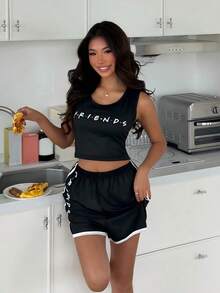 ZzzCrew FRIENDS X SHEIN Women's Comfortable Letter Print Camisole And Shorts Pajama Set, Summer - Black - View 4