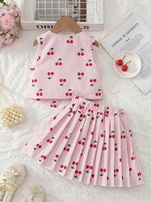 SHEIN Elladie kids 2件組少女復古蝴蝶結西裝背心外套與百褶裙套裝，設計感通勤休閒優雅穿搭 - 粉色 - 查看 3