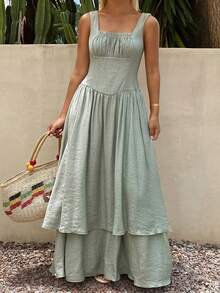 Livesso Women's Solid Color Pleated Casual Boho Party Vacation Midi Dress Sundress Sage Green Summer - Gray Blue - View 6