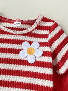SHEIN Playful Pals 女嬰春夏季兩件套，紅色編織長褲搭配條紋圖案上衣，適合外出與日常休閒穿著 - 紅色 - 查看 5