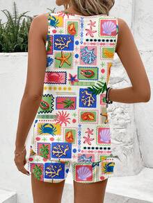SHEIN LUNE Women's Boho Tropical Retro Shell Palm Print Tank + Tee Set For Summer Beach Vacation Resort Multicolor - Multicolor - View 3