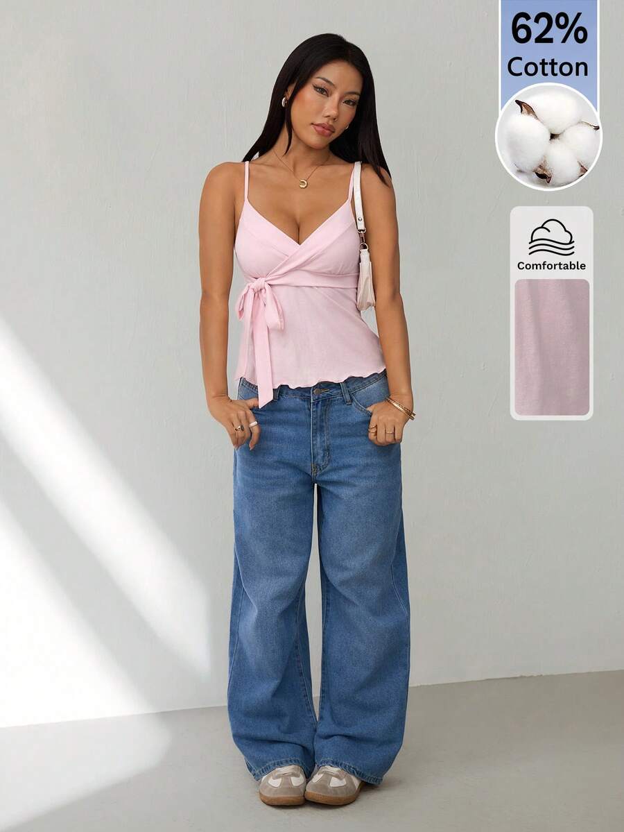 SHEIN PETITE 女款秋冬新品-甜美休閒粉色 Clean Girl 風格休閒女款側綁帶打結荷葉邊細肩帶背心上衣,夏季上衣,小個女款 - 粉色 - 查看 1