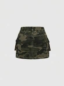 SHEIN 女嬰牛仔短裙，夏季，柔軟棉質，時尚百搭，寬鬆舒適，極簡風，全鬆緊腰頭，側邊工裝口袋，迷彩牛仔短裙，適合日常穿著與度假 - 彩色 - 查看 2