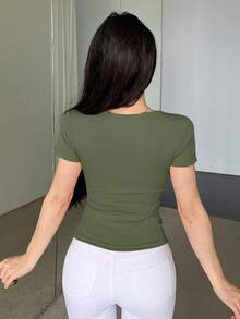 Dazy Star Solid Color Button Short Sleeve T-Shirt For Summer,Crop Tops Women Easter - Green - View 2