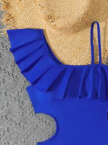 SHEIN 2 Peças Maiô de Uma Peça para Adolescentes Meninas/Com Saia Babado na Barra/Maiô de Uma Peça com Babado Sem Barra/Moda Casual Requintada Elegante Adequada para Natação Adequada para Férias de Verão Praia de Verão Piscina Piscina Férias de Verão Festa Casual Férias - Azul Royal - Visão 3