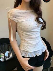 DAZY Women's Polka Dot Print Off-Shoulder Fashion Pleated T-Shirt - White - View 1