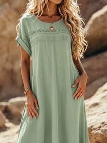 SHEIN LUNE Vestido con encaje calado sin mangas de unicolor para mujer talla grande - Verde Oliva - Ver 1